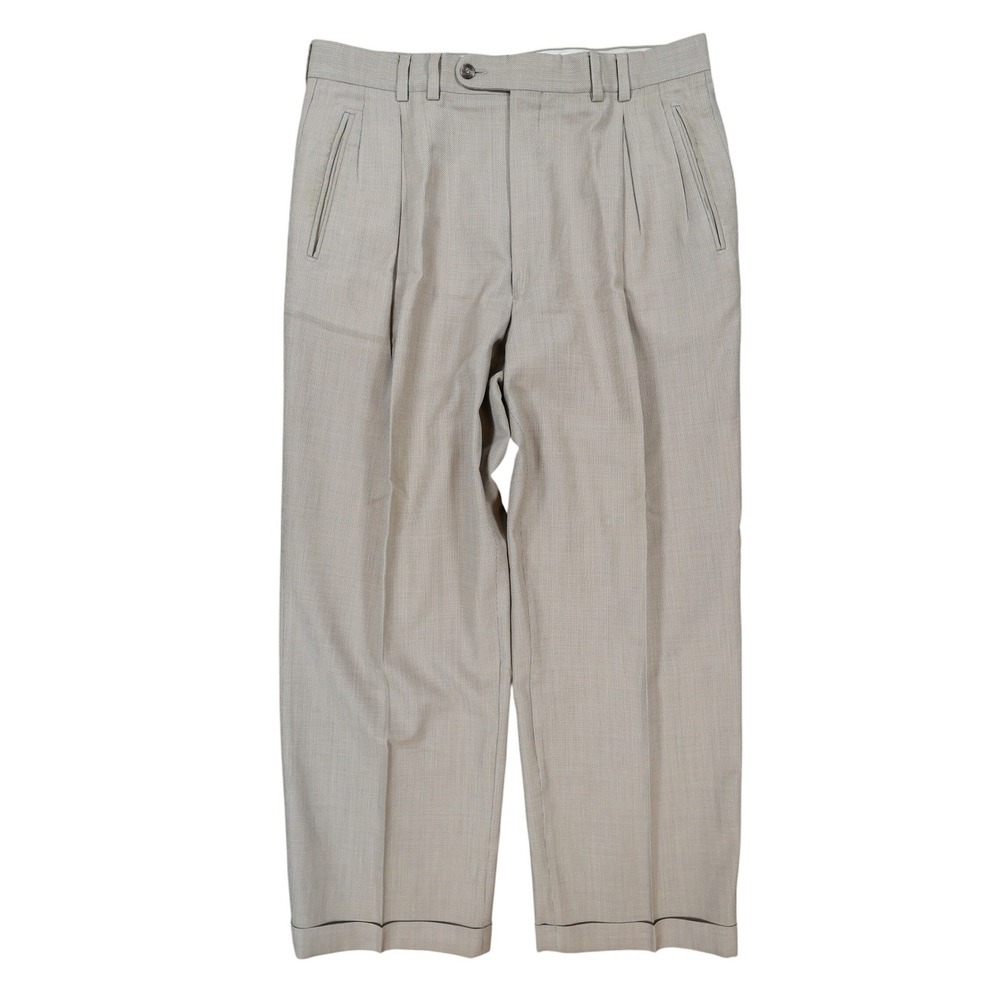 Jack Victor Dress Pants Mens 34R Beige Wool Pleated Cuffed Prossimo Super 130s